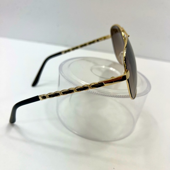 TAHARI AVIATOR 100% UV PROTECT SUNGLASSES,GOLD METAL FRAME, WOVEN LEATHER SIDES - Picture 4 of 14